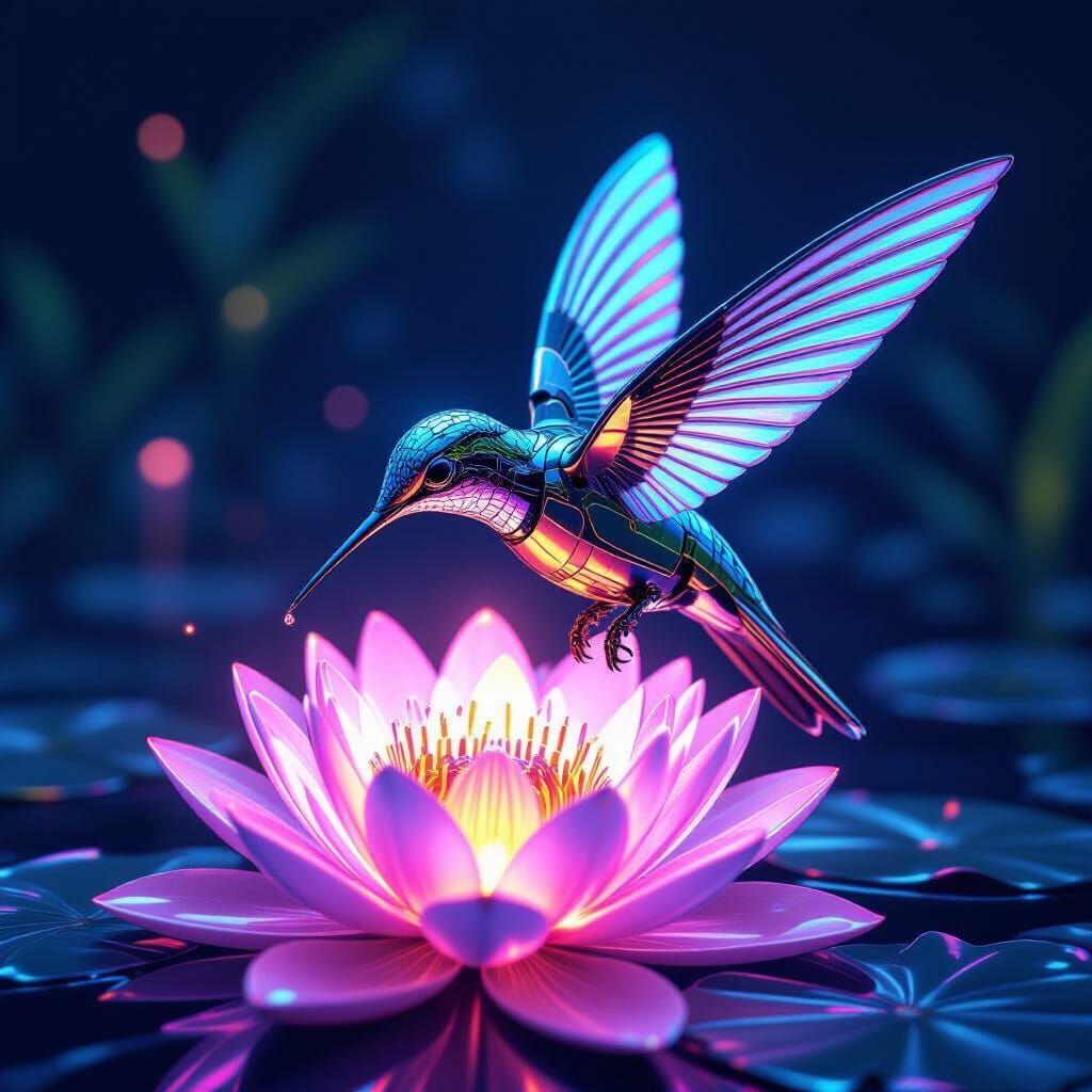 Chrome Robotic Hummingbird Nectar Sip Digital Lotus