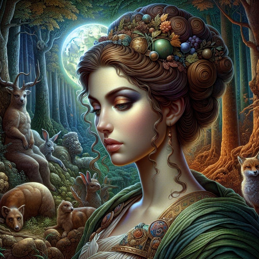 Goddess Diana in Moonlit Forest: Impressionistic Digital Art