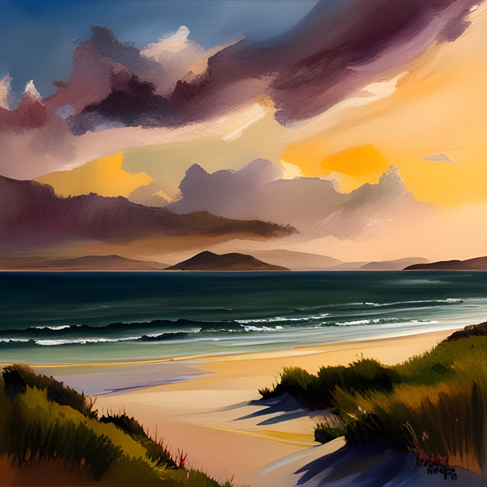 Hebridean Beach in Gouache and Watercolor Style
