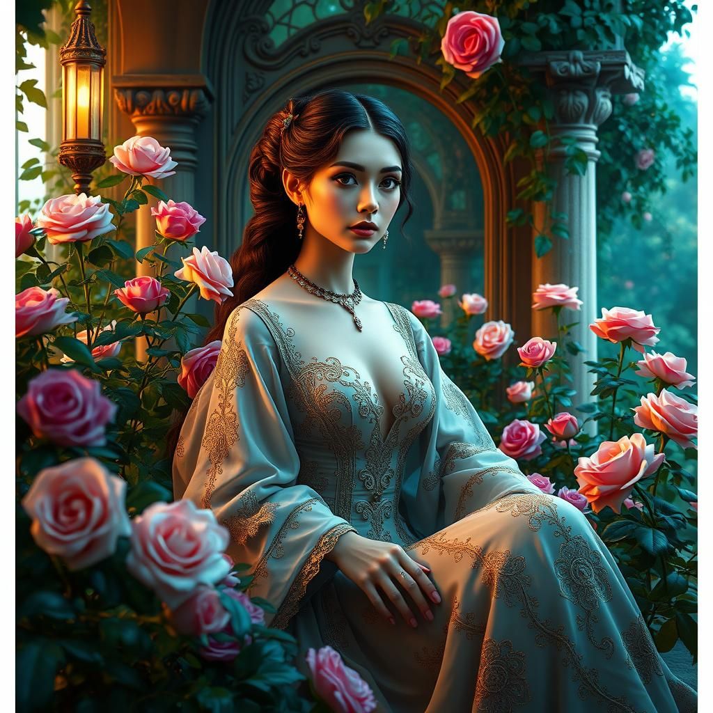 Regal Woman in Rose Garden, Baroque Style
