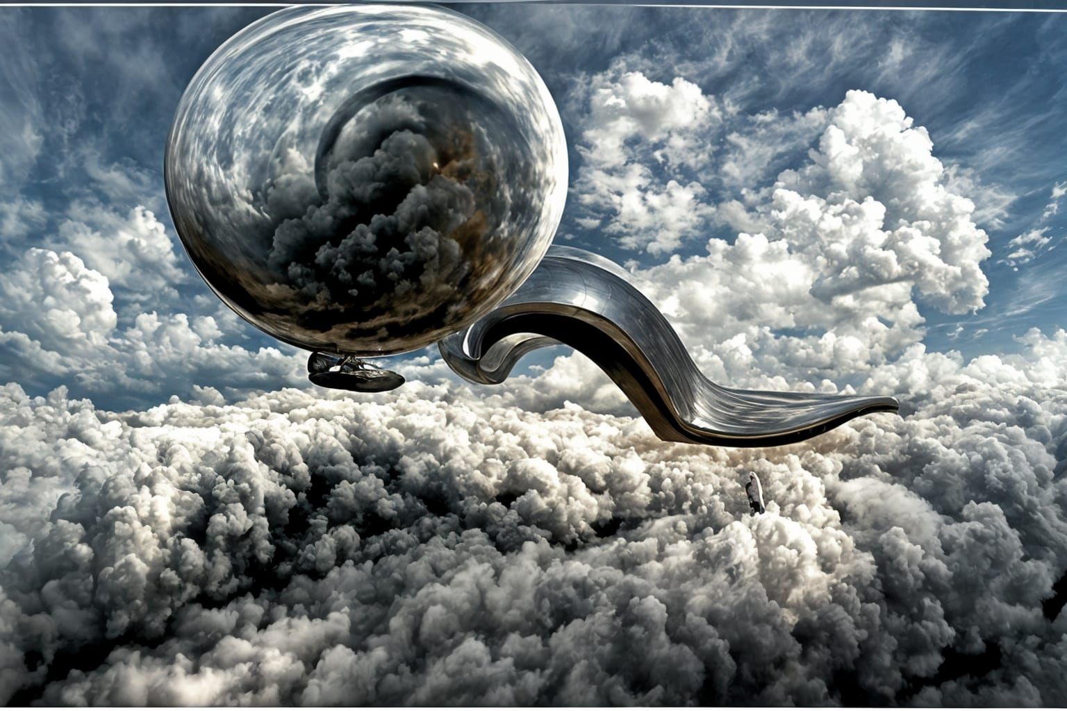 Surreal Walker on Arch in Cloudy Liminal Space