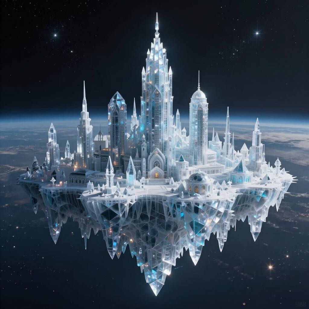 Ethereal Ice City in Space Above Alien Planet