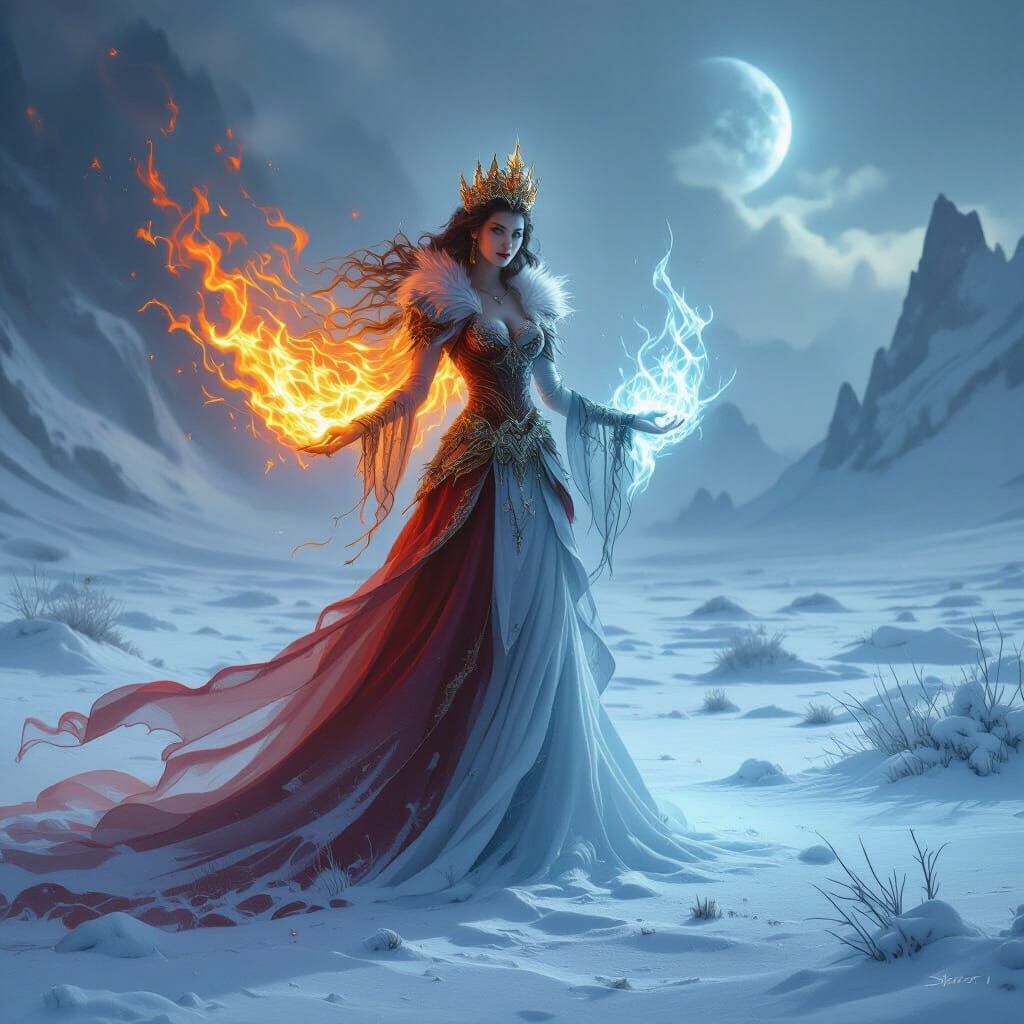 Fiery and Icy Queen in Frozen Desert