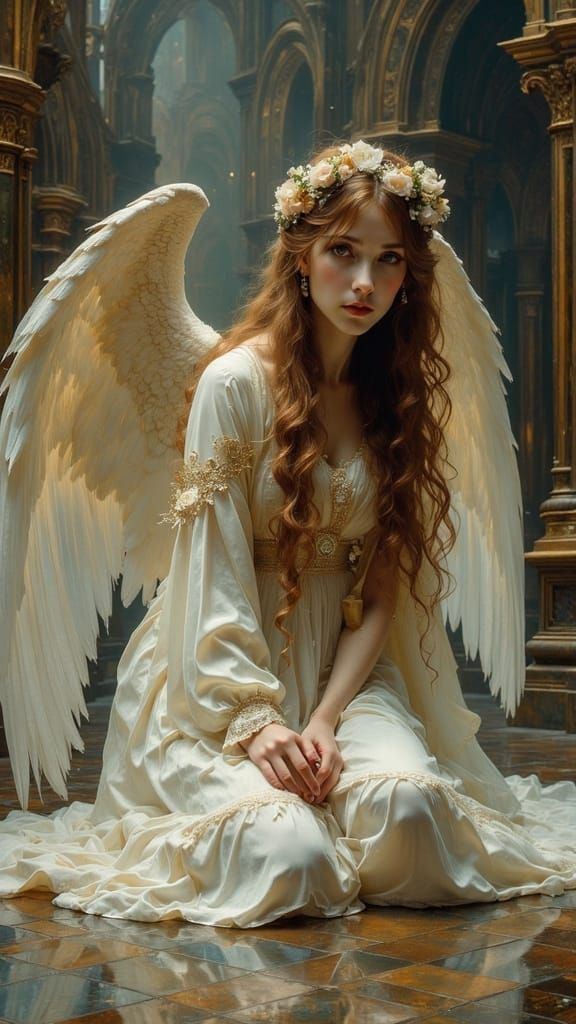 Ethereal Victorian Angel in Cathedral with Soft Lighting