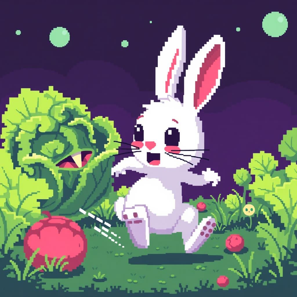 Rabbit and Lettuce Monster in Pixel Art Style