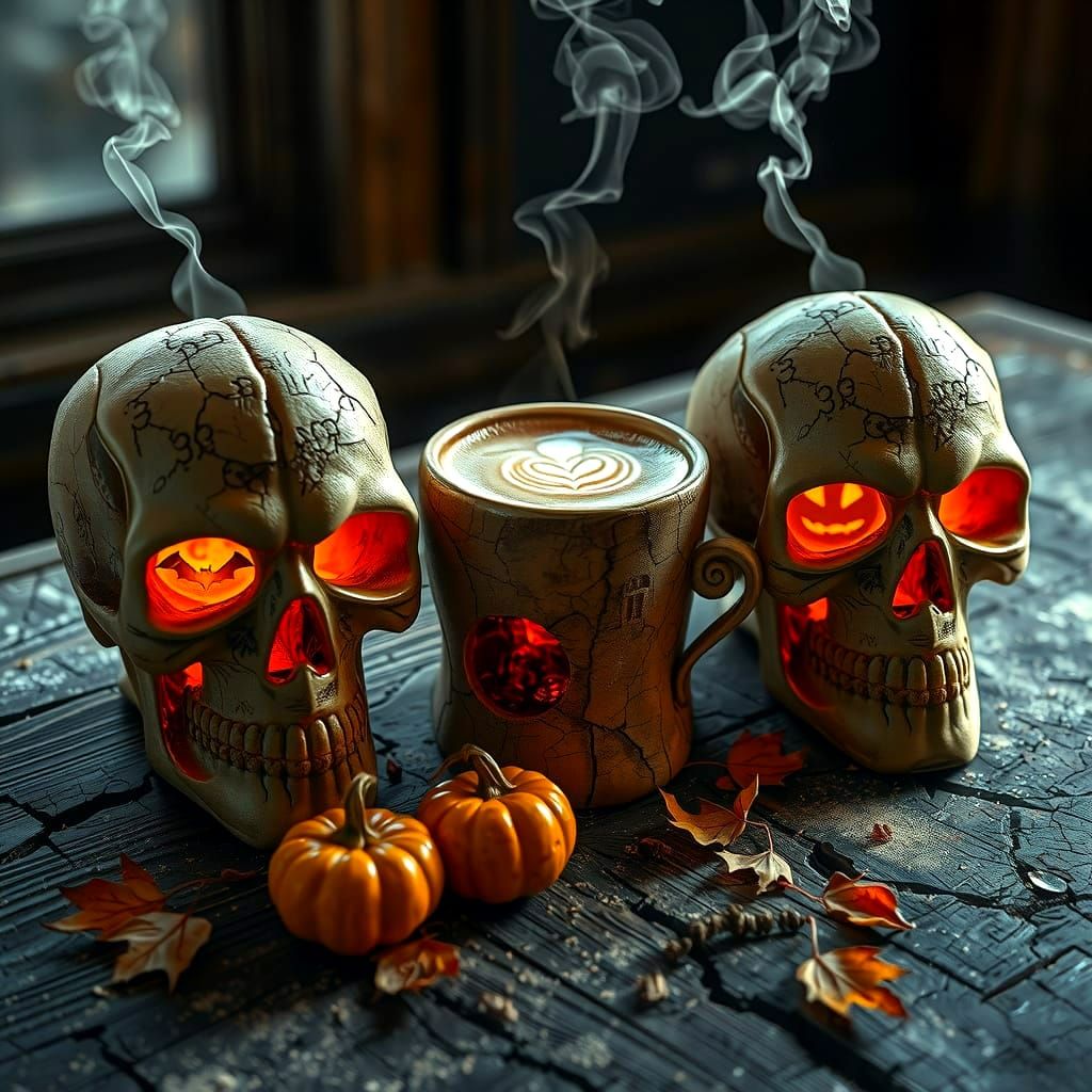 Gothic Skull Coffee Cups in Surreal Still Life