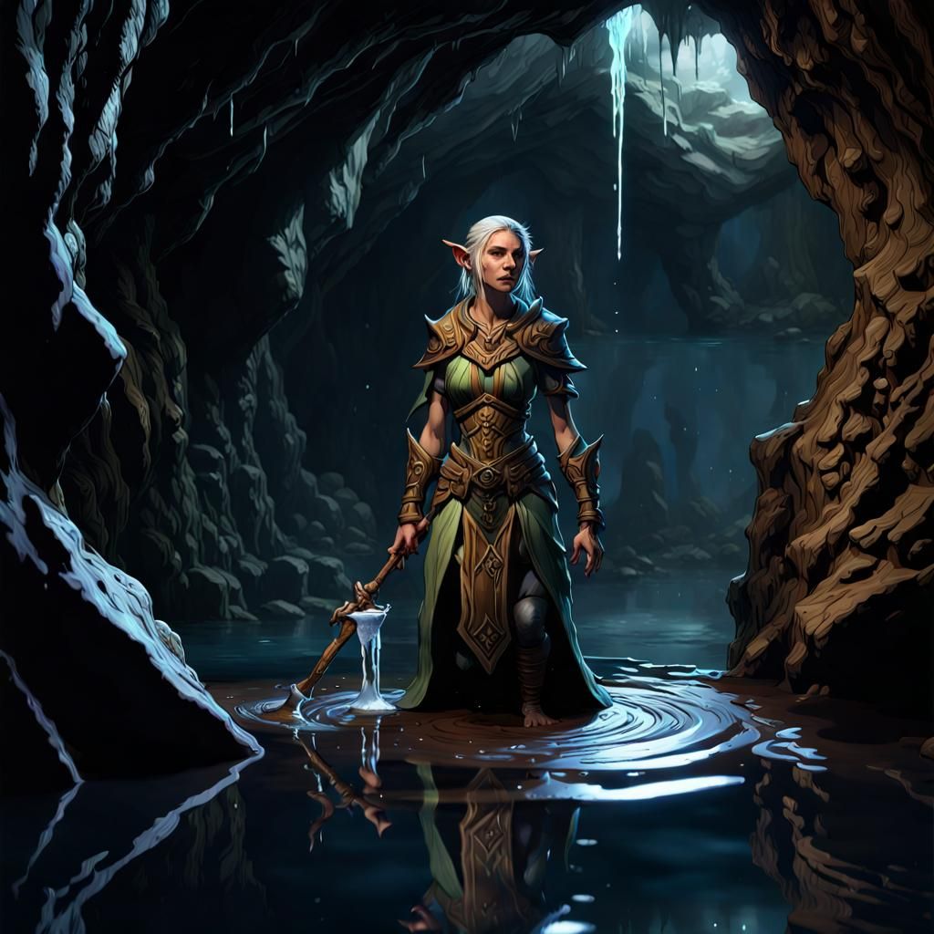 Wood Elf Cleric in Dark Cave, Digital Art