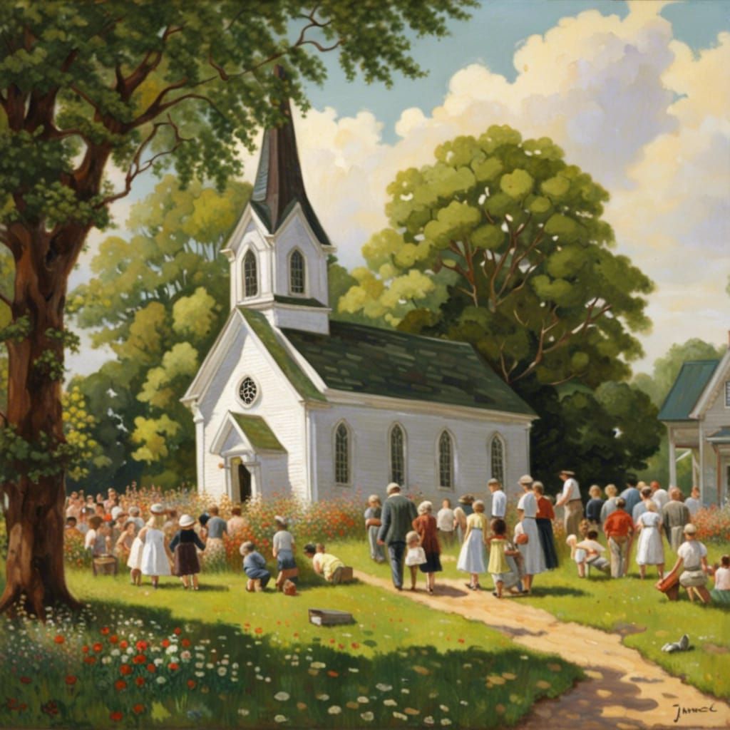 Charming Country Church in Norman Rockwell Style