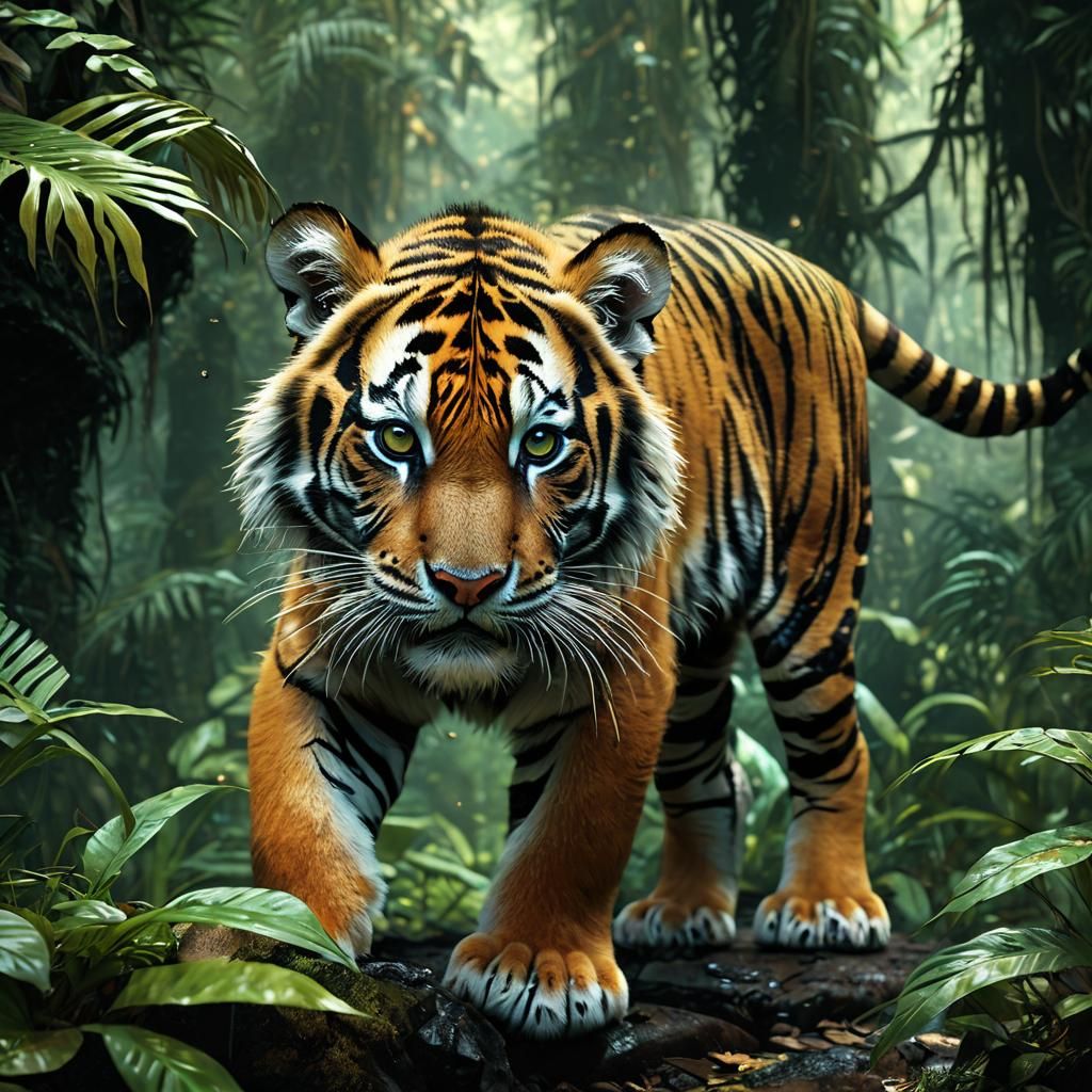 Charming Tiger Cub Hunting in a Rainforest
