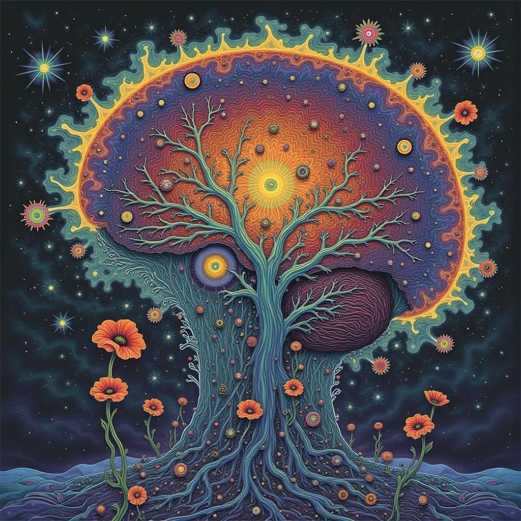 Psychedelic Earth Globe in Universe Surrounded by Poppies