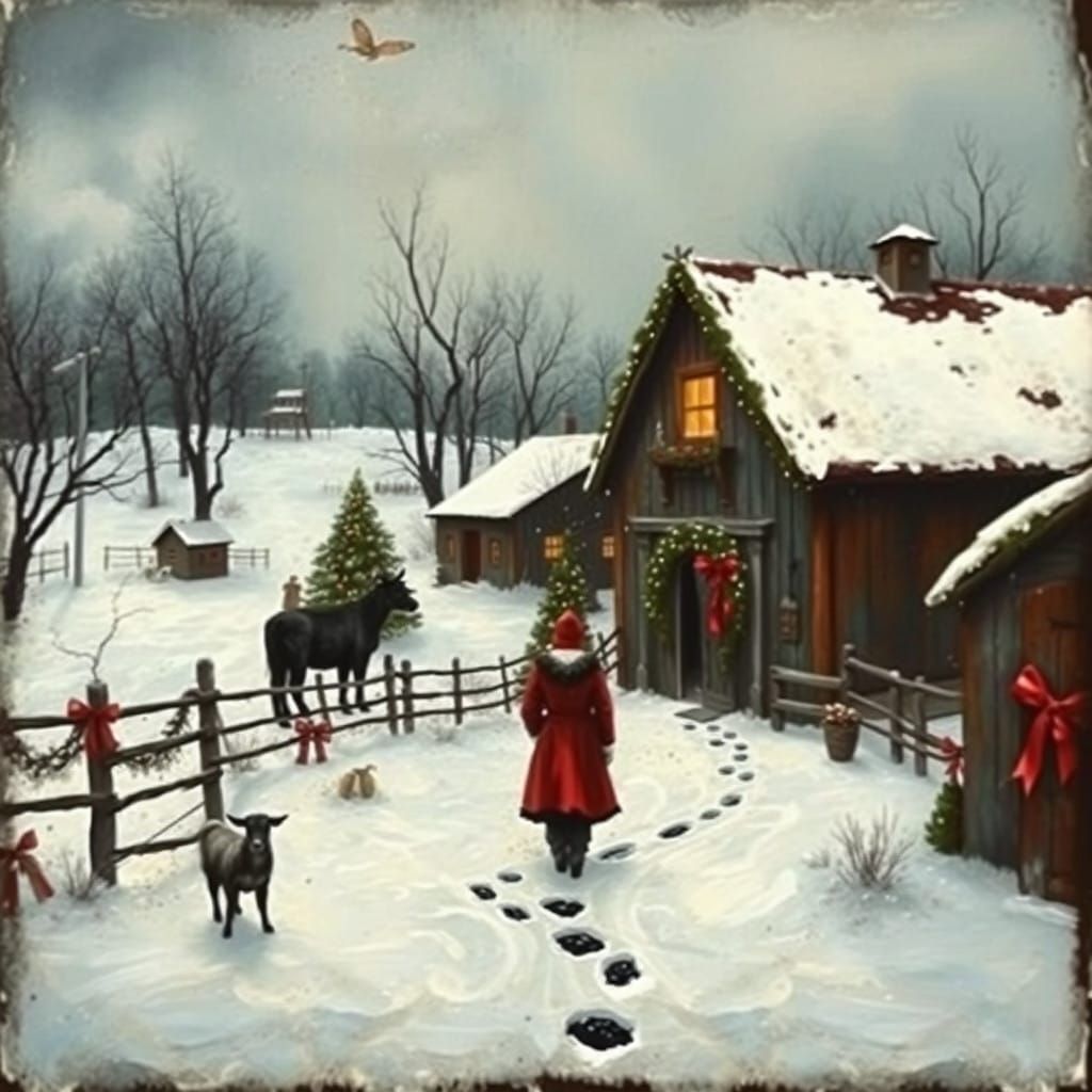 Surreal Winter Farm Scene in Avant-Garde Style