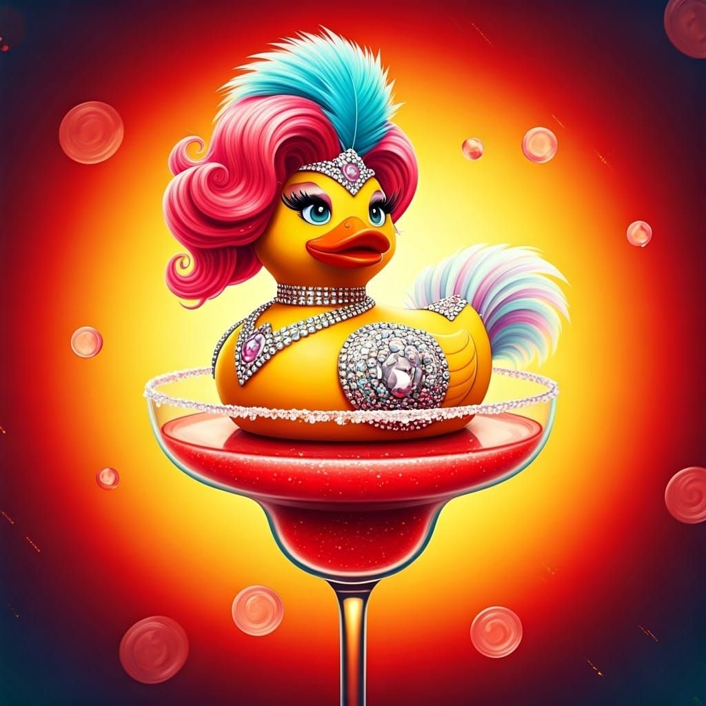 a drag queen rubber ducky floating in a big glass of strawberry margertia