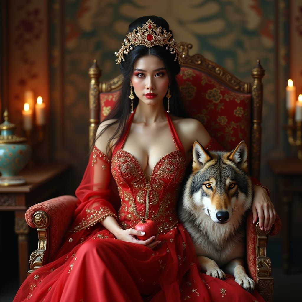 Chinese Empress with Wolf and Pomegranate