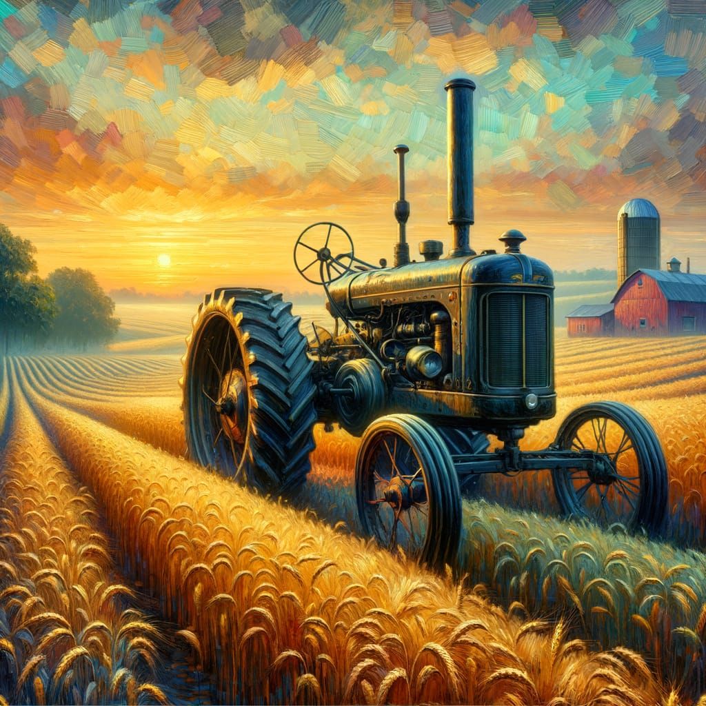 Vintage Tractor Majestically Sits in Golden Wheat Field at S...