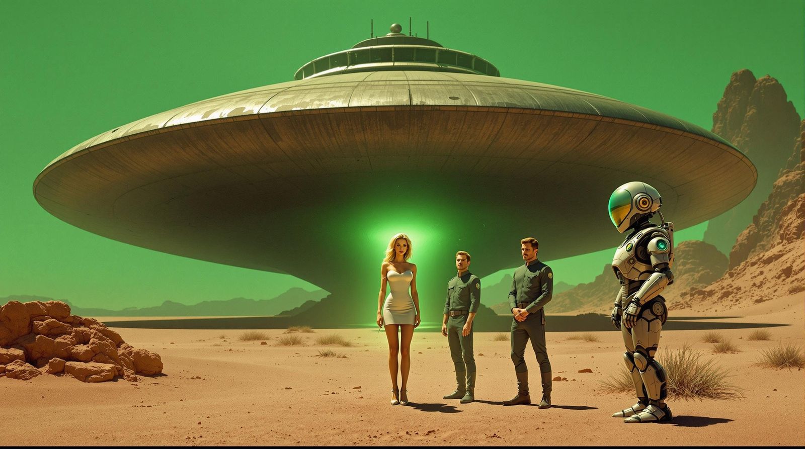 Retro-Futuristic Sci-Fi Scene: Altaira, Robbie, and Commande...