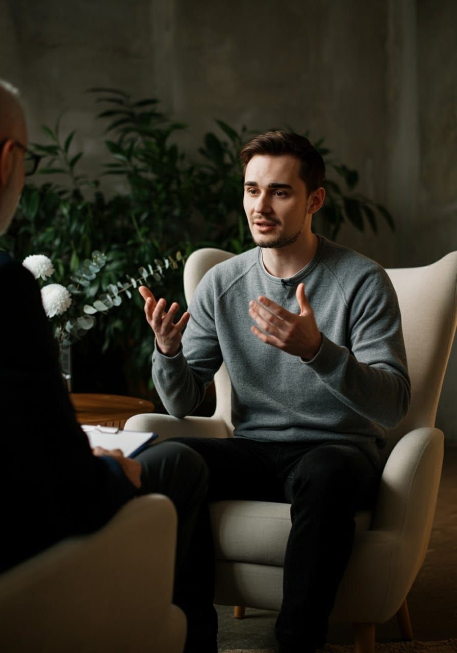 Man Explaining Something to Therapist in Warm Light