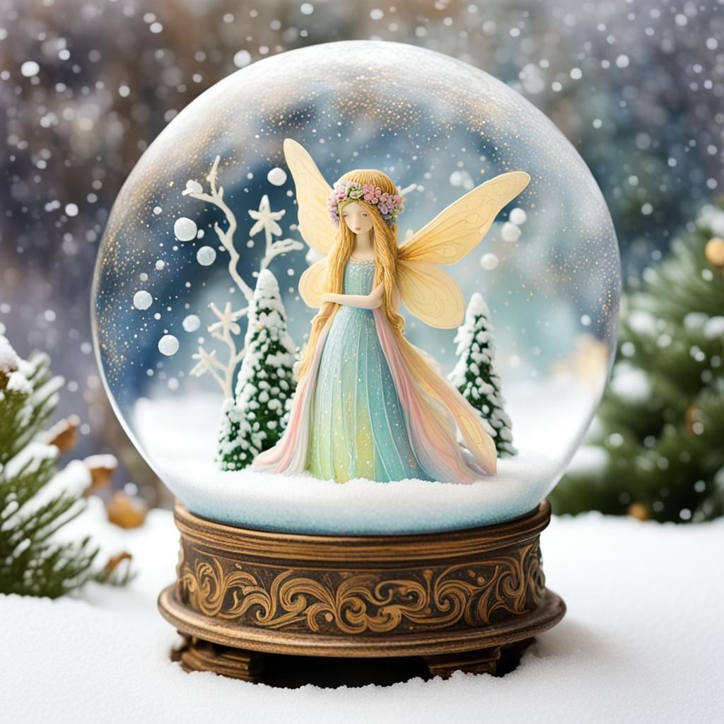 Whimsical realistic enchanted fairy, pastel colors, style of Jennifer Lommers and Klimt inside a snow globe against a ba...