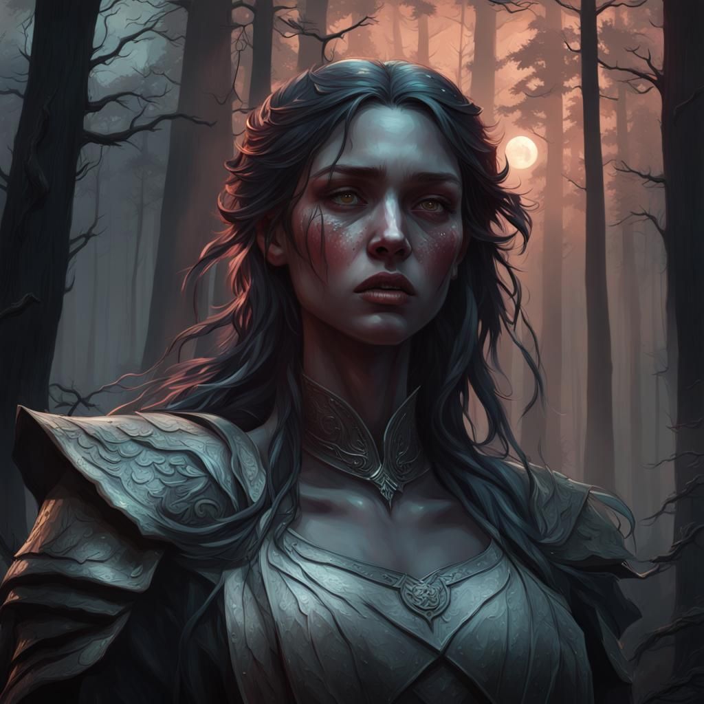 Crying Girl in Dark Woods, Hyperdetailed Portrait