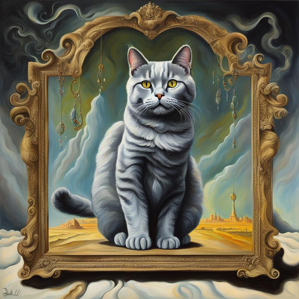 Surreal Cat King Portrait in Magritte Style
