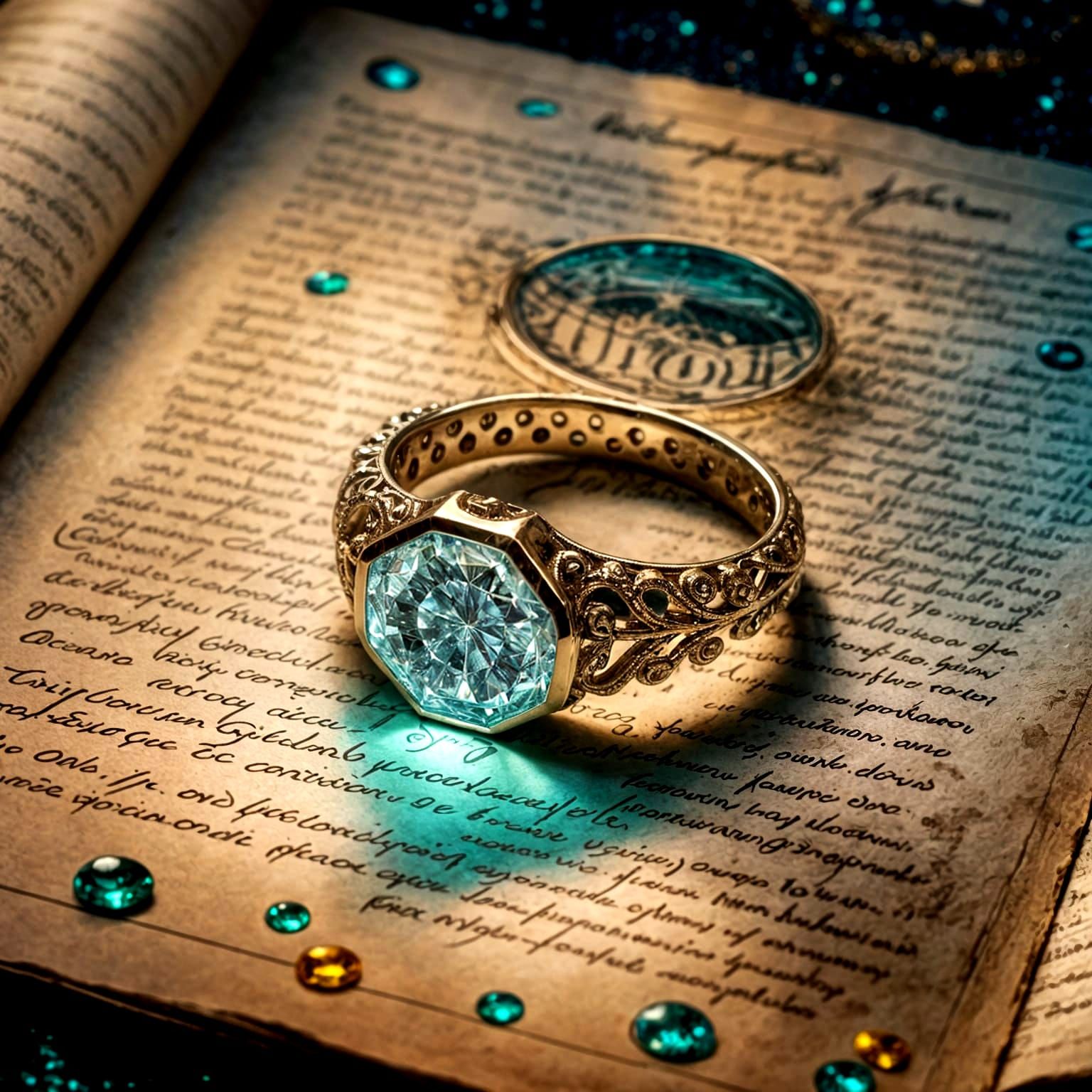 Elven Ring with Cyan Glow on Ancient Parchment