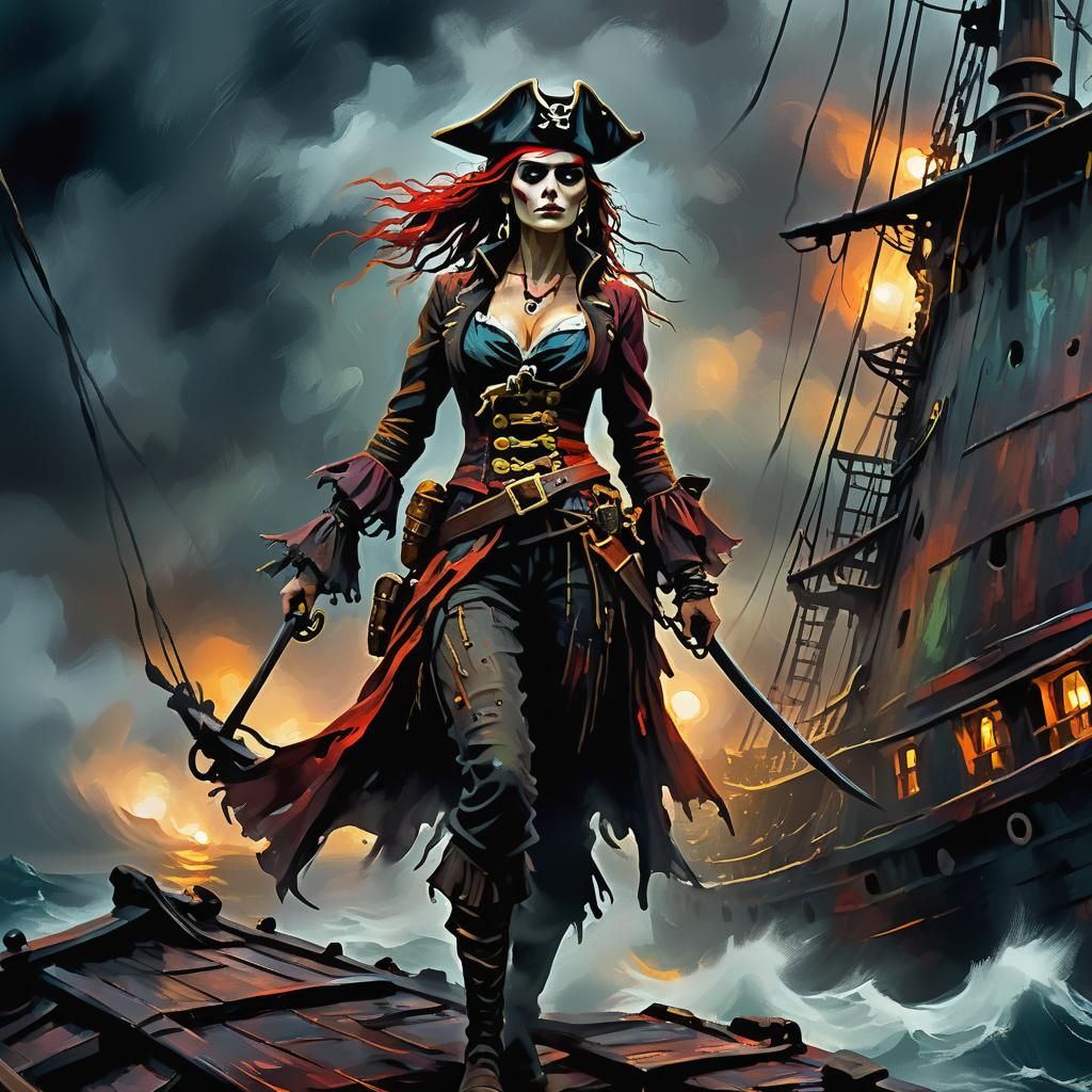 Expressionist Pirate on Ghost Ship in Stormy Sea