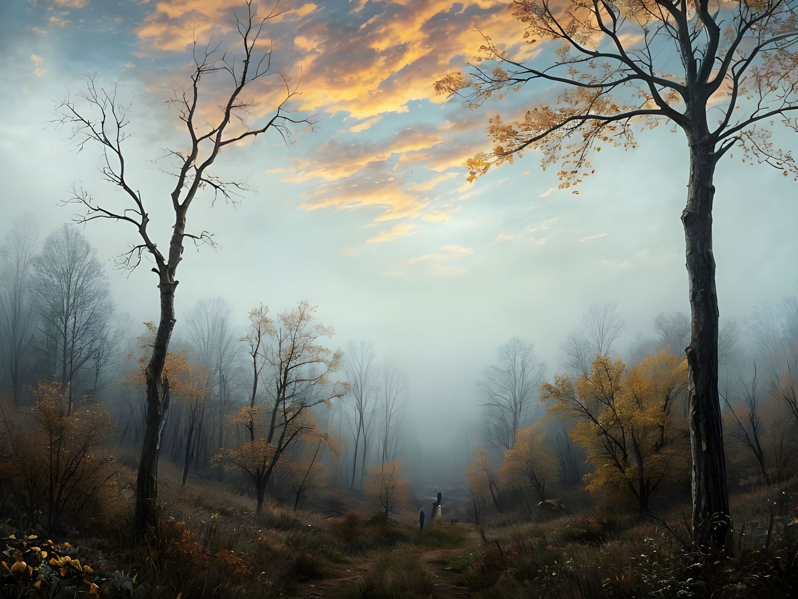 Surreal Autumn Forest Landscape in Foggy Atmosphere
