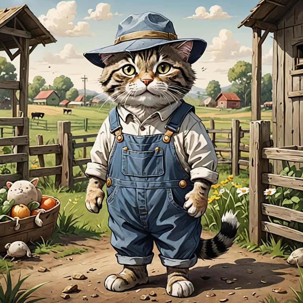 Farmer Cat in Overalls and Straw Hat