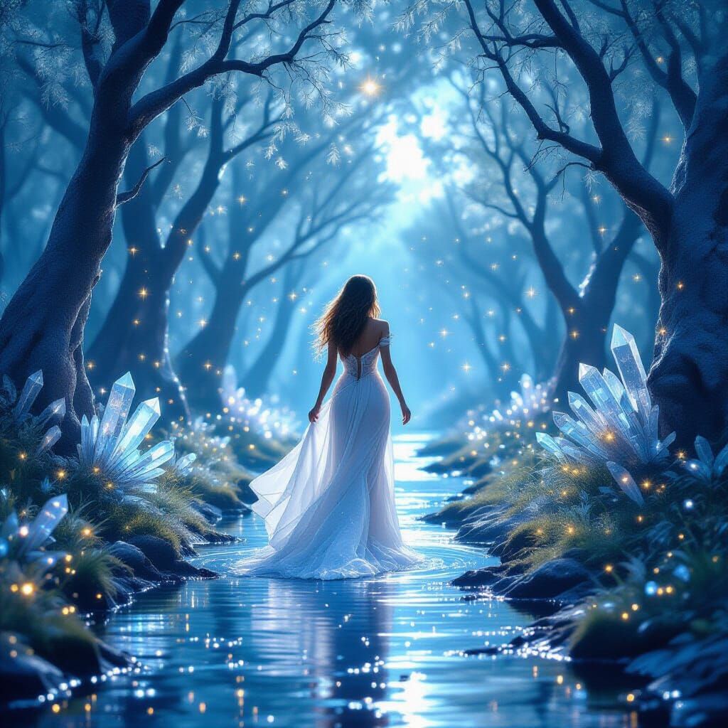 Glowing Goddess in Moonlit Crystal Forest