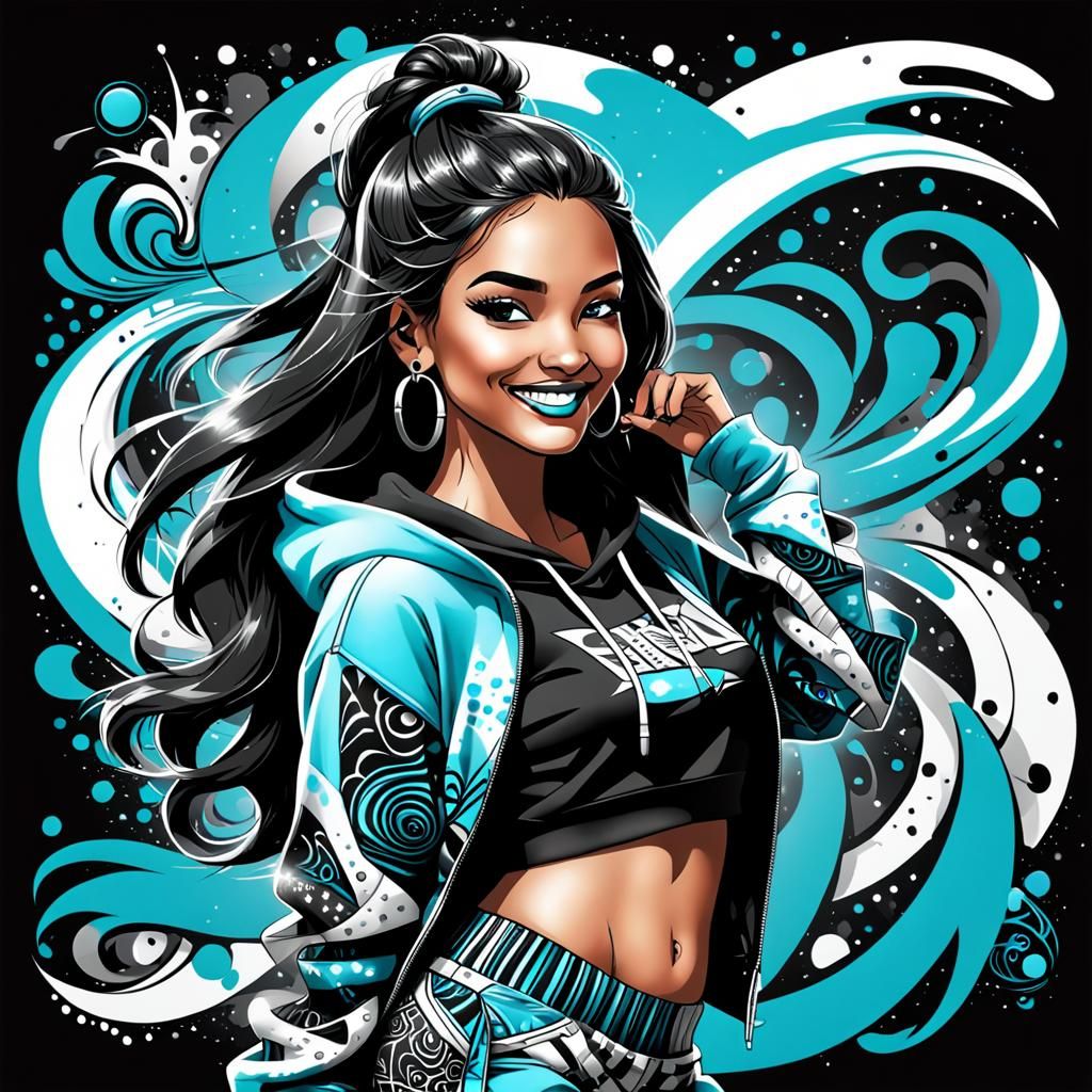 Monochrome Portrait with Turquoise Accents and Graffiti