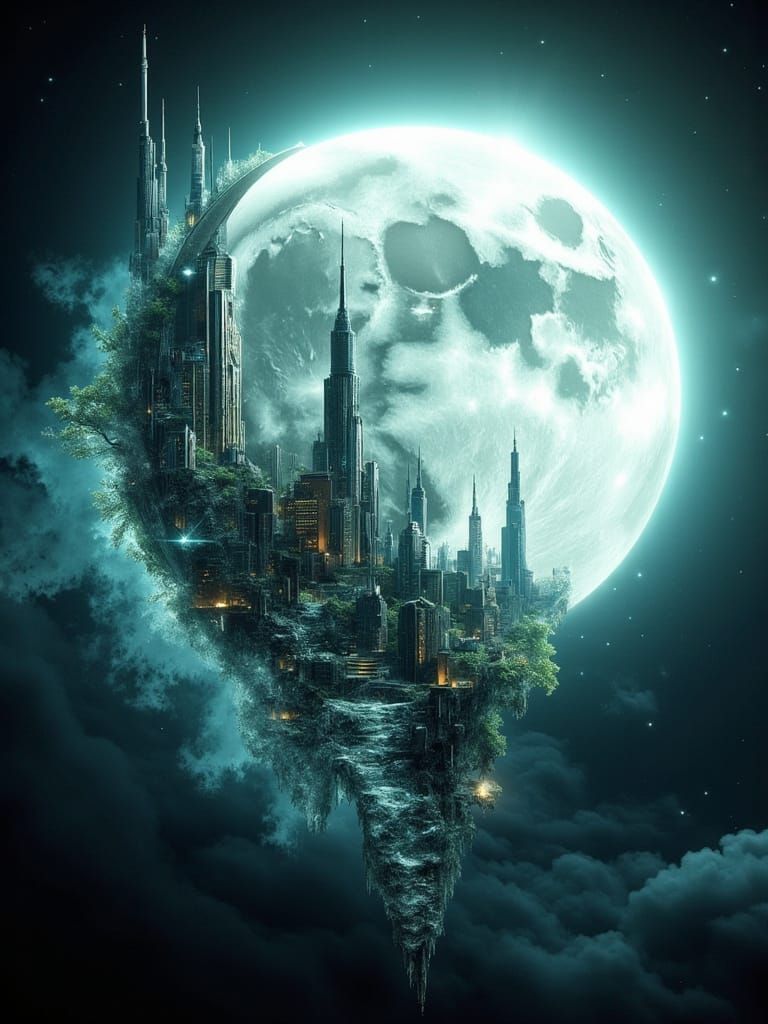 Ethereal Cityscape on Crescent Moon in Space