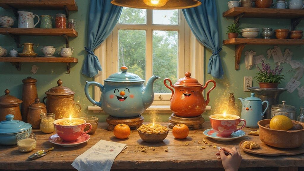 Whimsical Kitchen Scene with Dancing Objects