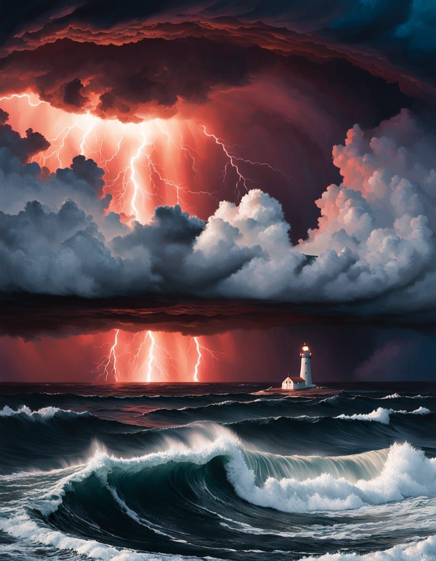Dramatic Lighthouse Painting: Ship Navigates Stormy Seas