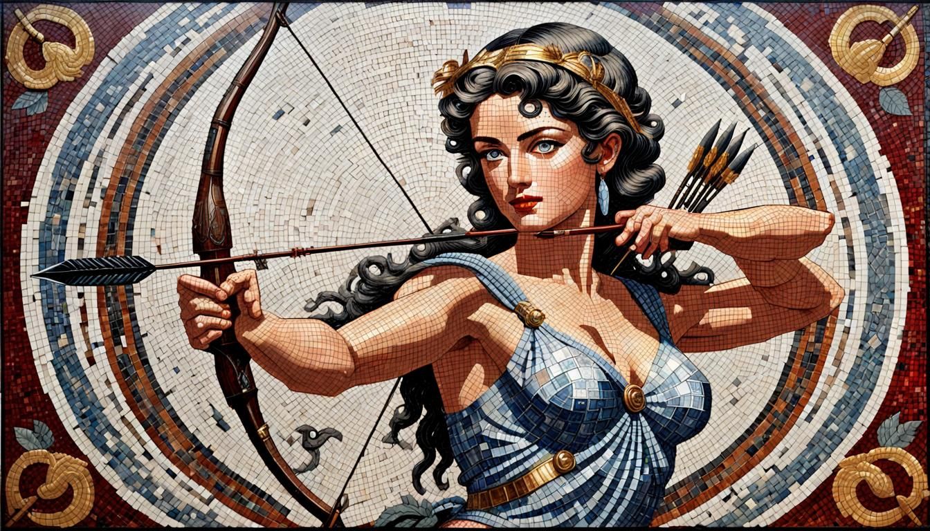Diana, Roman Goddess, in Retro Mosaic Art