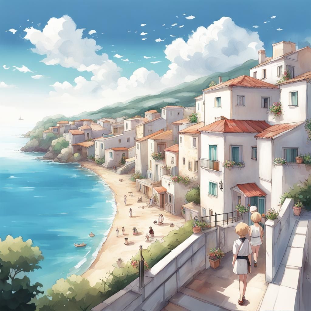 Mediterranean Coastal Town in Anime Style