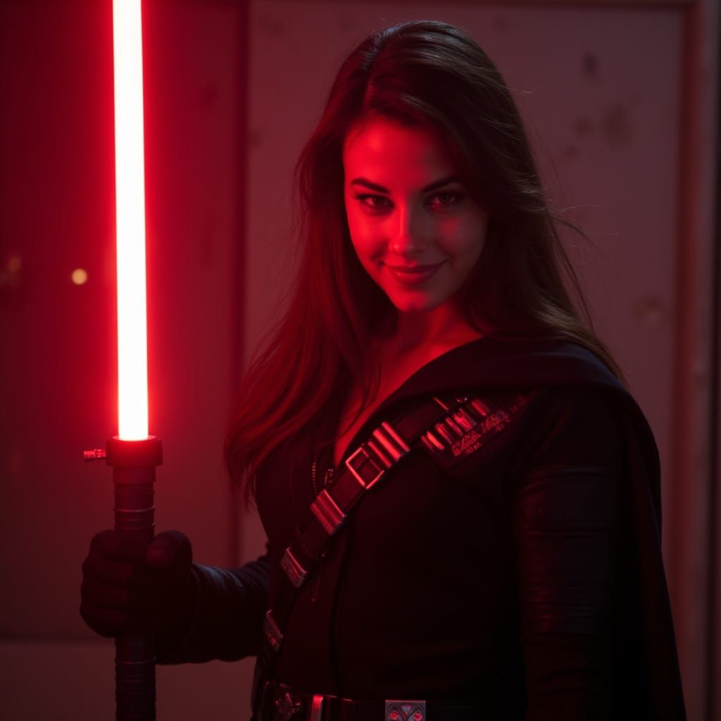 Intimidating Sith Warrior, Lit Red Lightsaber in Hand