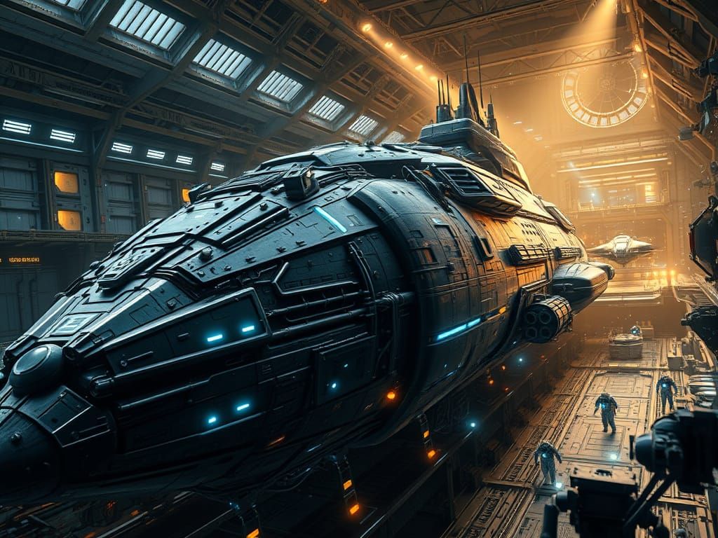 Gargantuan Starship Repair in Futuristic Space Station