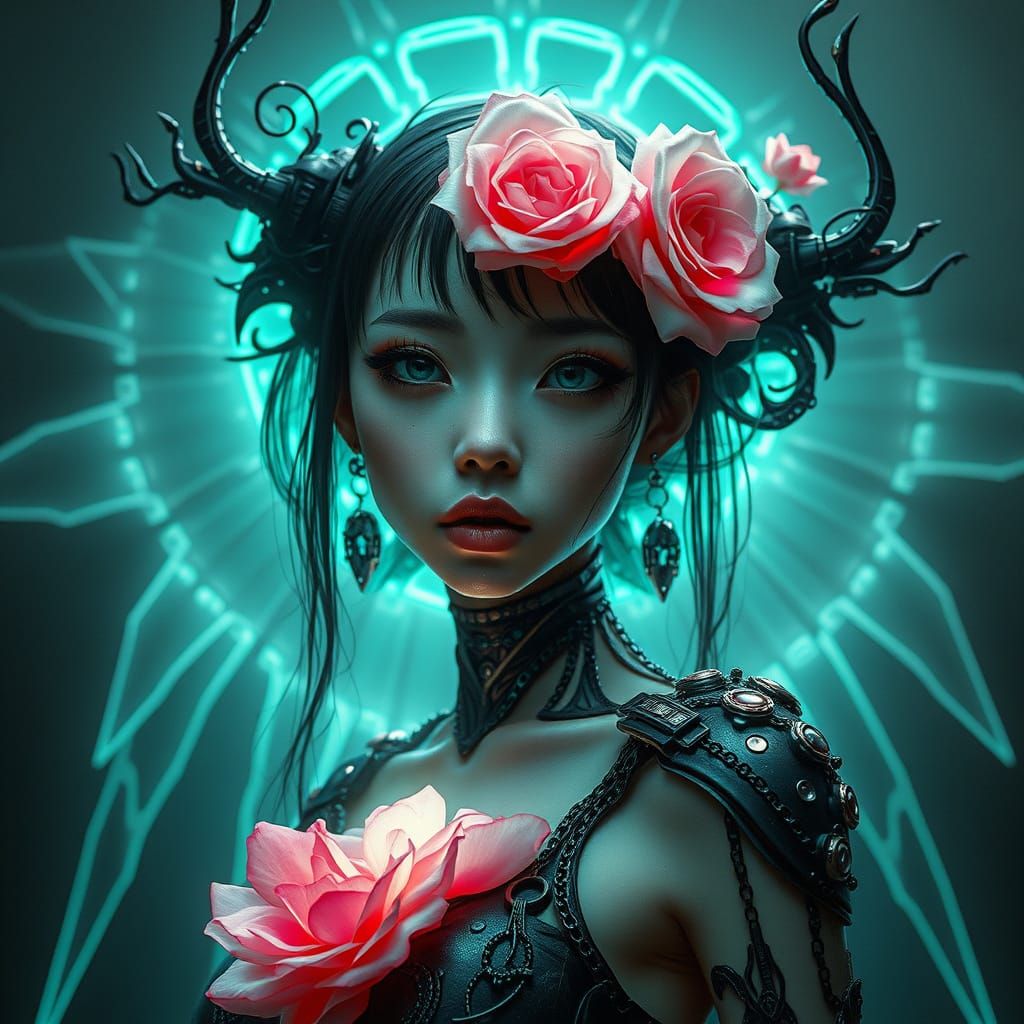 Japanese Emerald Woman Radiates Eerie Aura in Dark Futuristi...