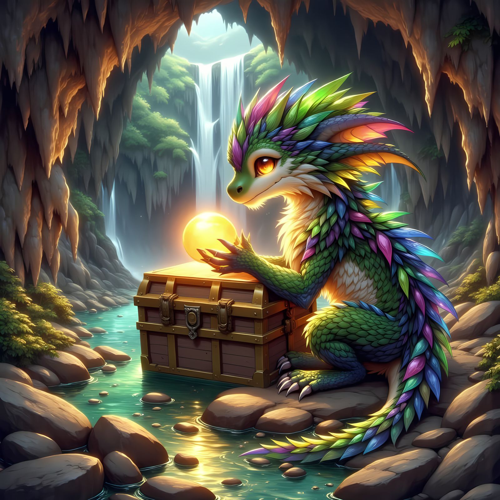 Iridescent Gem Dragon Guardian in Watercolour Style