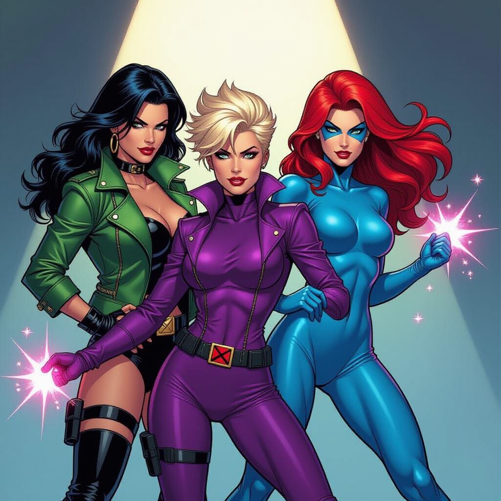 Rogue, Jubilee, and Mystique in Vibrant Comic Art Style