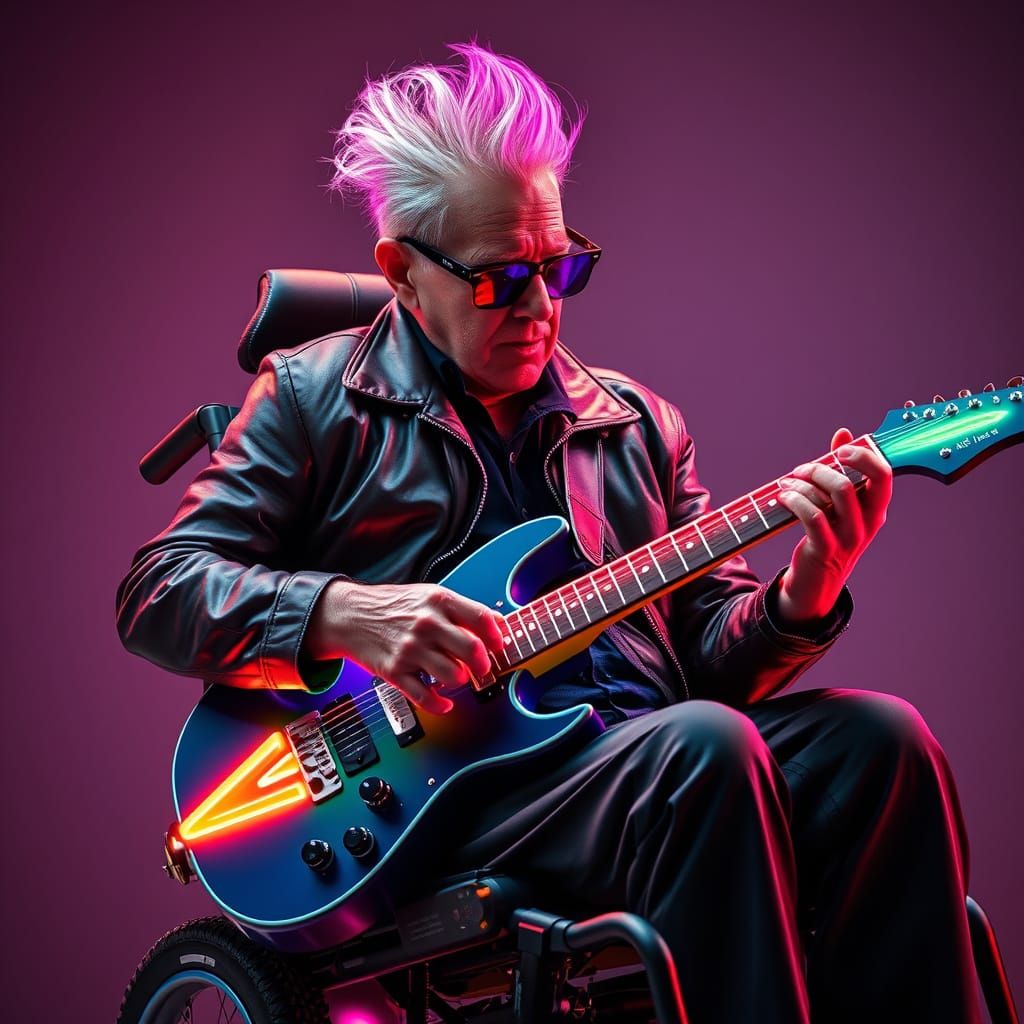 Cyberpunk Rocker in Electric Wheelchair Plays Guitar
