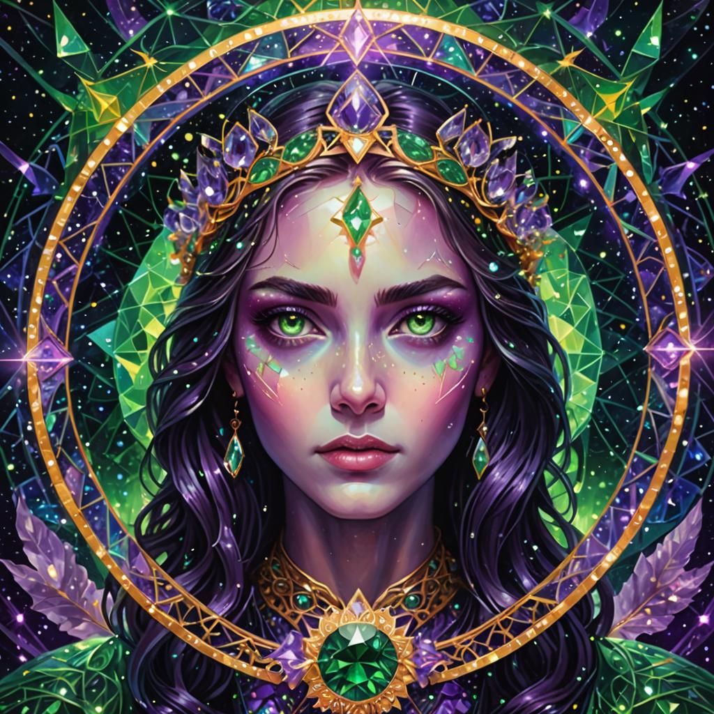 Green-Eyed Figure with Purple Crystal Background