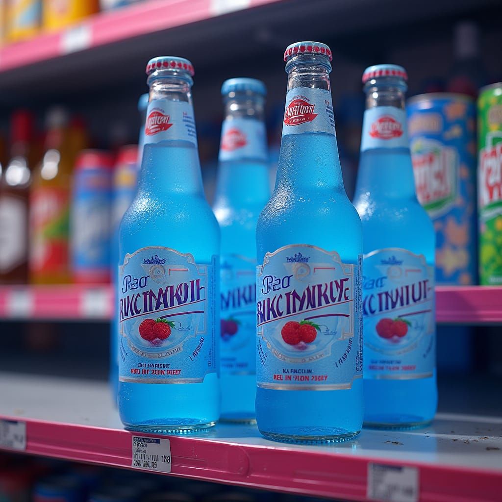 Blue Raspberry Soda Bottles in Hyper-Realistic Style