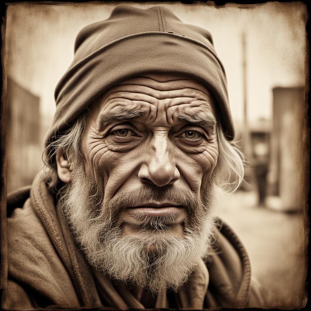 Homeless Man Portrait in Sepia-Toned Industrial Setting