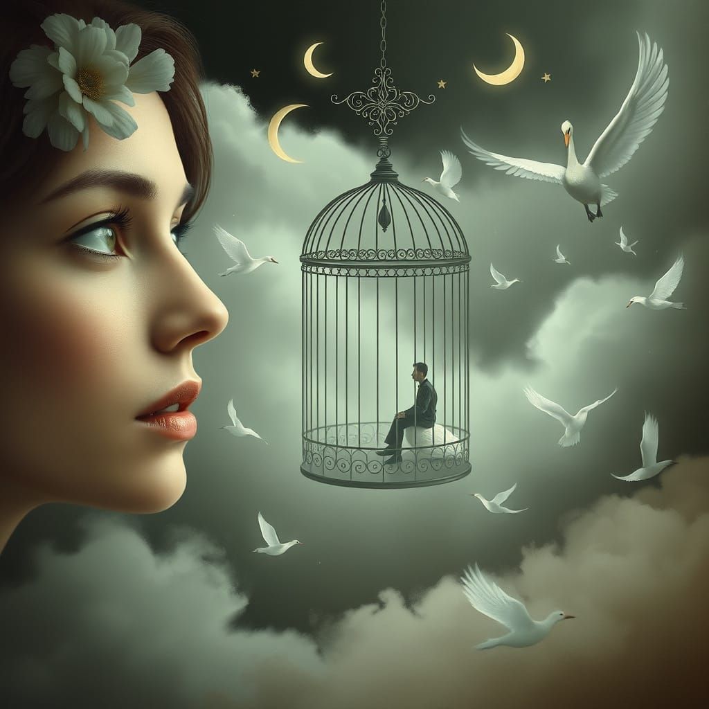 Ethereal Woman Lost in Thought Amidst Whispers of Fog