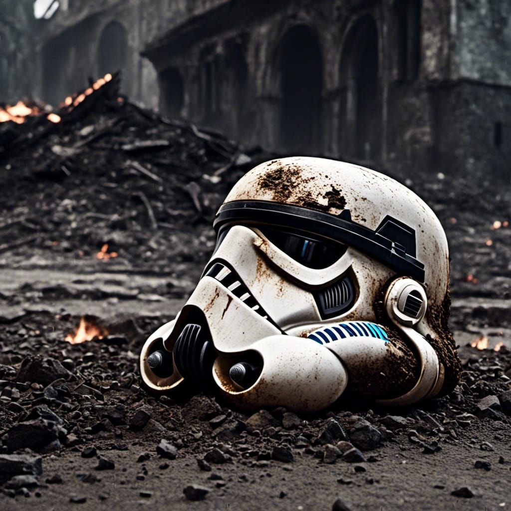 Worn Stormtrooper Helmet on Ruined City Street