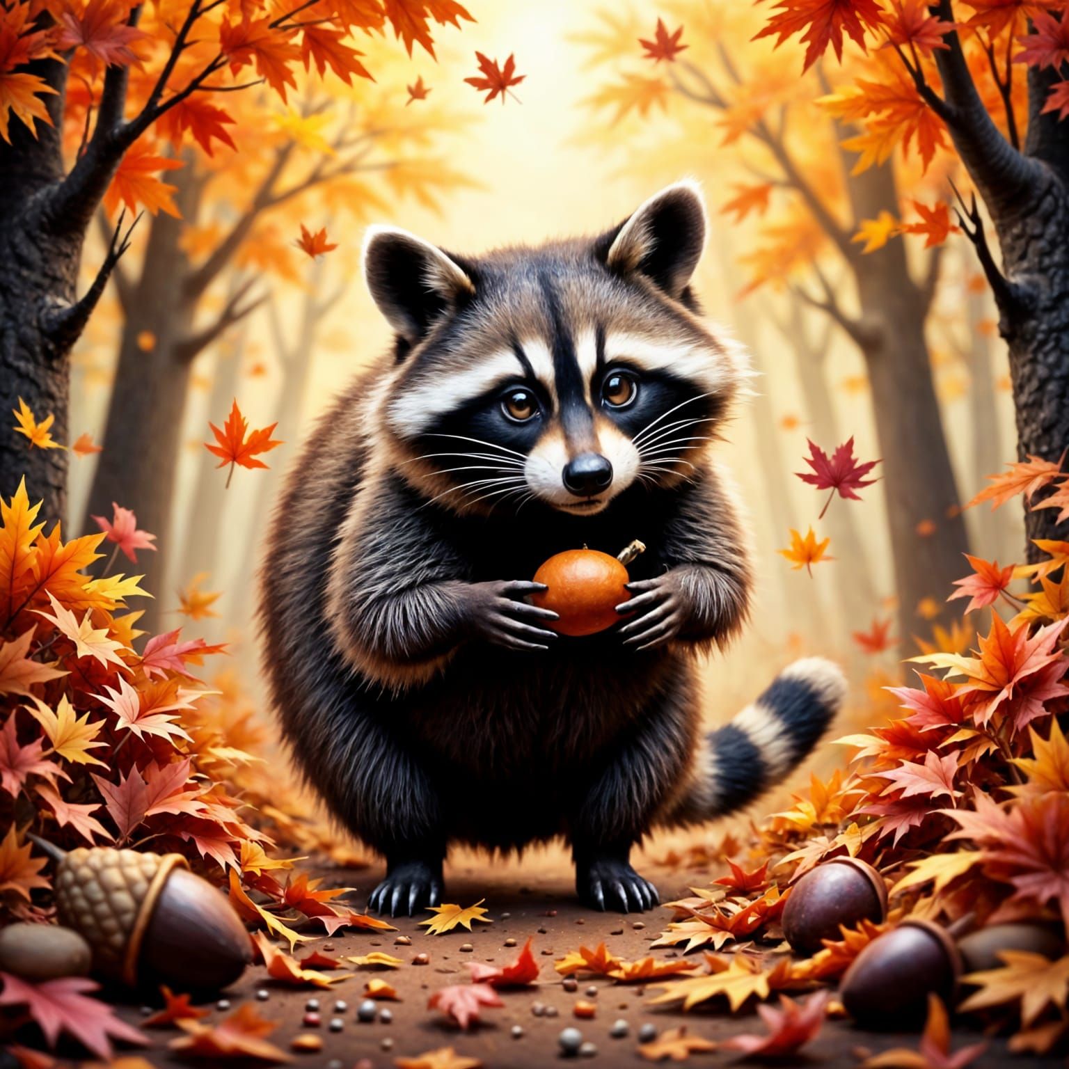 Raccoon Foraging in Autumn Forest