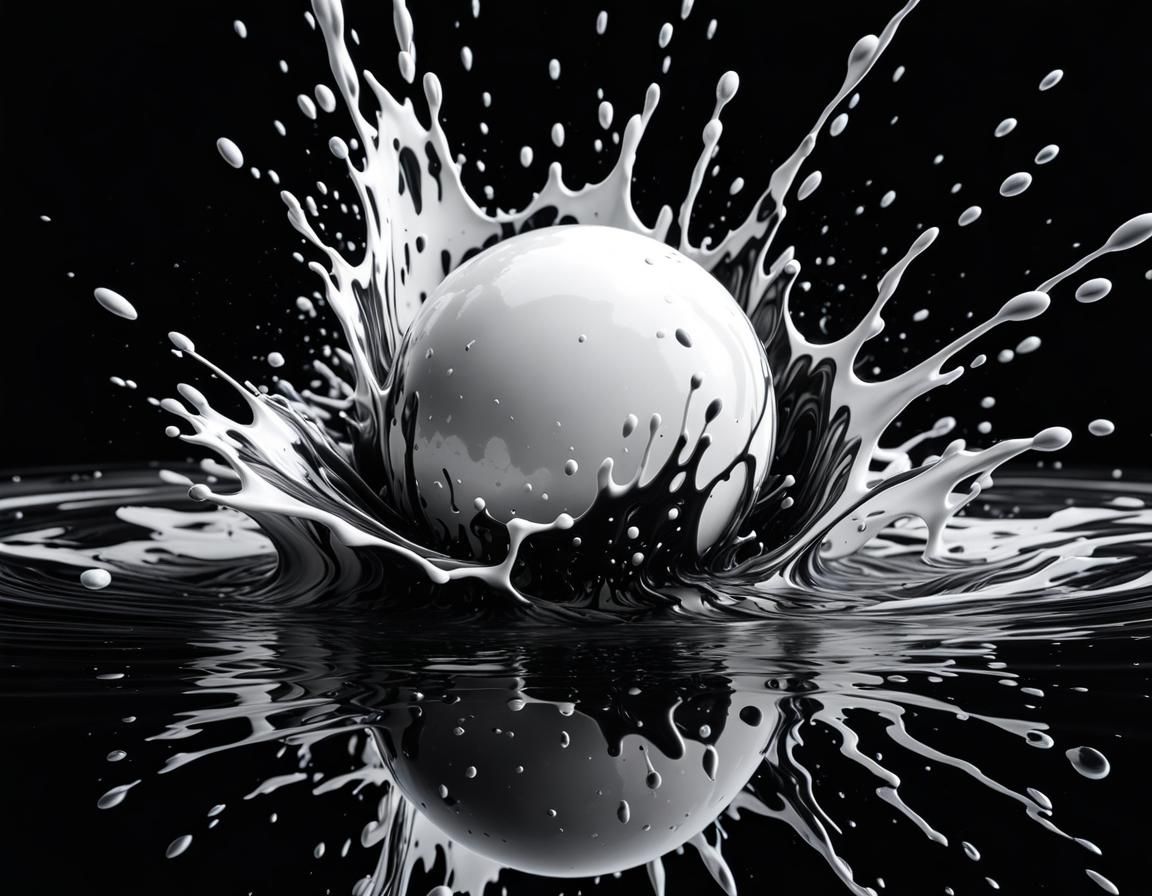 White Ball Splashing in Black Ink in Pollock Style