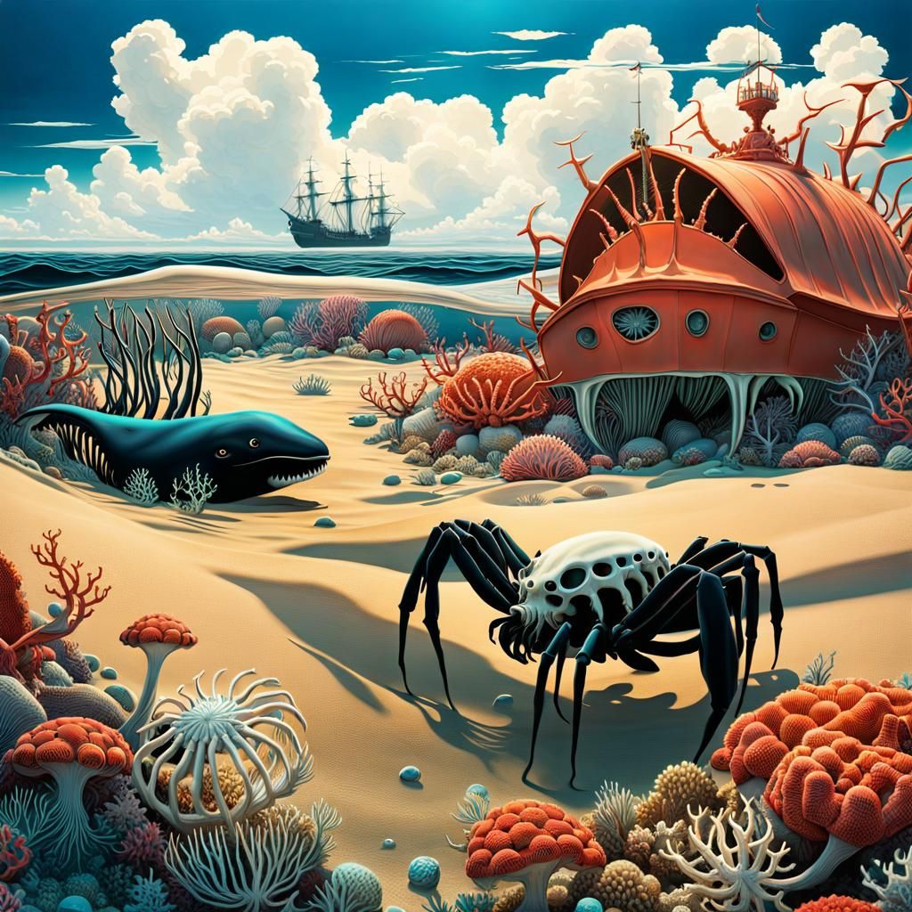 A whale skeleton on the ocean floor, giant spidercrabs insid...