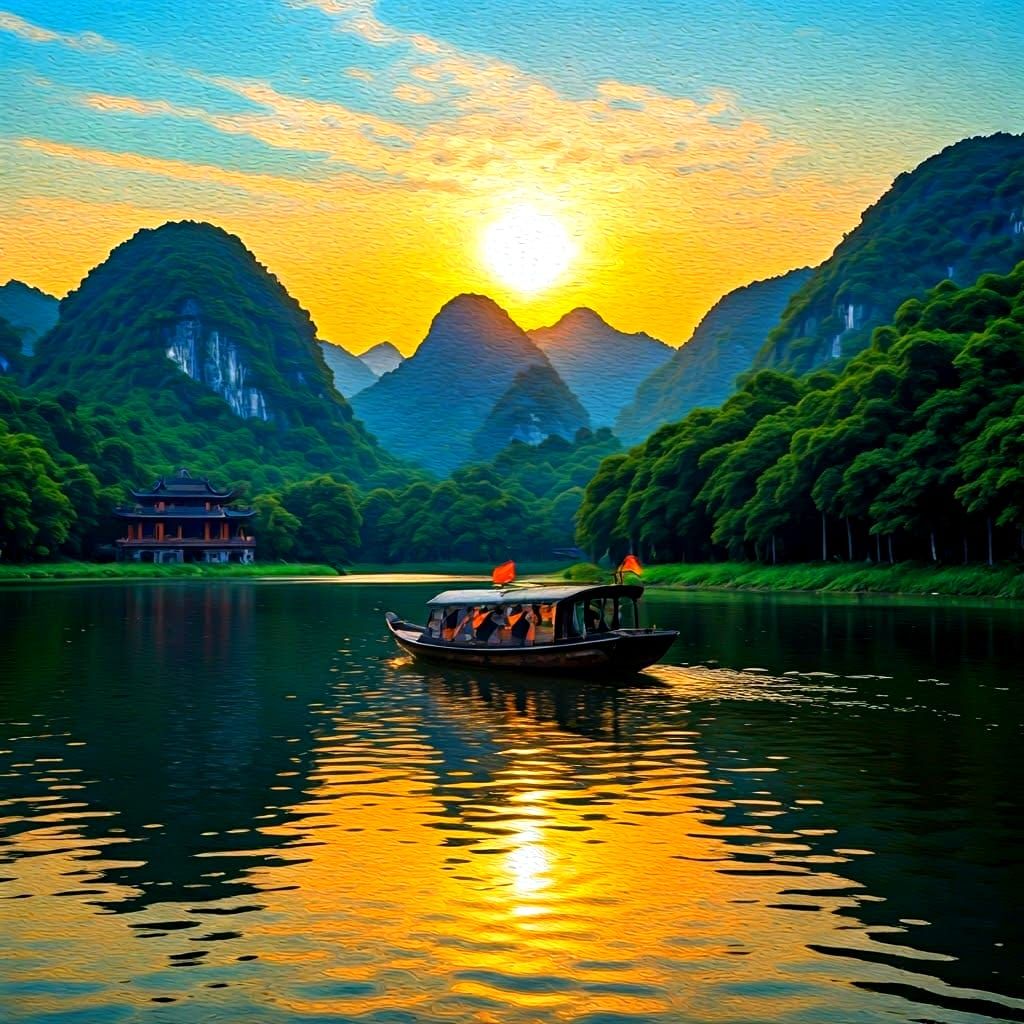 Vietnamese Lake Sundown in Pointillism Style