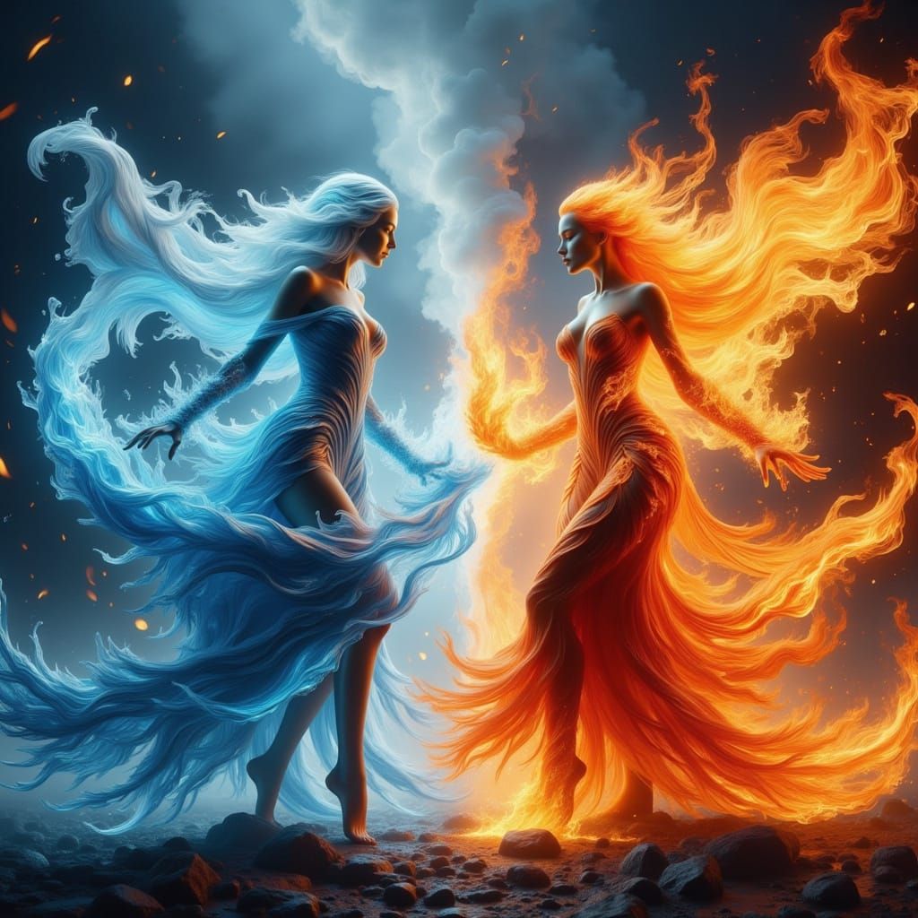 Fire and Water Spirits Clash in Ethereal Fantasy Landscape